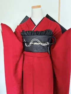 振袖フルセット　地紋　成人式　色無地　赤　帯締選べる　黒　正絹　振袖6点セット