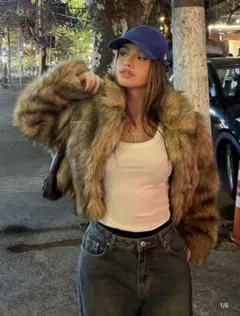 ブラウン系 ファーコート ショート丈