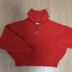 クロップド丈ハーフジップ赤ニット