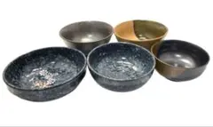 玉吹 藍地 花紋 金茶釉 笹絵 ろくべ型小鉢 和食器 鉢 どんぶり 丼 5点のサムネイル