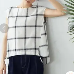 COMME CA ISM リネン混 チェック柄ブラウス カットソー L コムサ