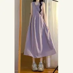 ノースリーブ 無地のワンピース リゾートI シンプル ラウンドネック ロング