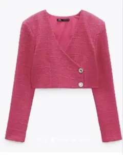 ZARA ツイード クロップド ジャケット ピンクお呼ばれ　パーティジャケット