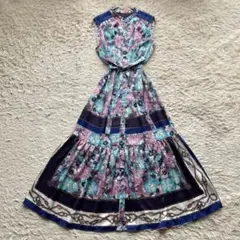 【23年製】グレースクラス ボタニカルスカーフプリントワンピース リボン ブルー