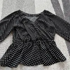 ドットブラウス ペプラム チュニック カットソー リボンベルト M 七分丈