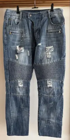 メンズ　ライダーズ　ダメージ加工　ライト　ブルージーンズ【022】