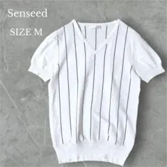 センシード 半袖サマーニット Vネック ホワイト ストライプ柄 きれいめ M