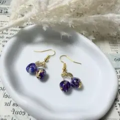 ハンドメイド 押し花 さくらんぼ ピアス パープル