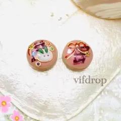 【吉祥雪うさぎ柄】ピンクパステル美濃焼ラウンドタイルのタイプ和ピアス イヤリング