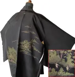 ◆2135◆黒羽織　山村図　和装着物　絵羽織　レトロ柄