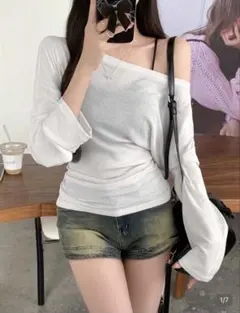 shein オフショルダー 長袖カットソー アイボリー　シアー シーイン 韓国