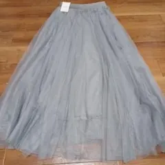 ATTENTION　グレー チュール フレアロングスカート　シフォン風