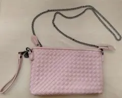 ピンク 編み込みレザー チェーン ショルダーバッグ
