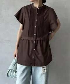 24SS　DouDou　ペプラム切替ブラウス　ブラウン　ドゥドゥのサムネイル
