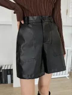 DAZY ハイウエストショートパンツフェイクレザー素材ワイドレッグ,半ズボン