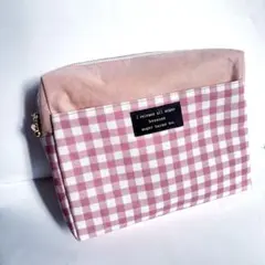 外ポケット付きボックスポーチ(ピンク/チェック)ハンドメイド