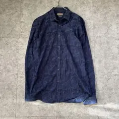 【ザラ】（USA M）長袖シャツ 綿 ブルー カモフラ スリムフィット