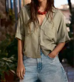 ZARA★リネン半袖シャツ★カーキ
