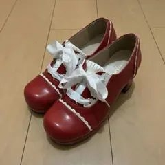 ロリータ 編み上げスカラップシューズ RED-WHITE