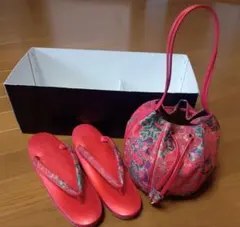 赤色花柄和装用バッグと草履セット