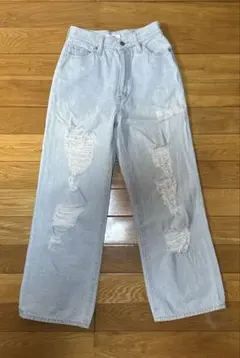 ライトブルー ダメージデニム ワイドレッグ