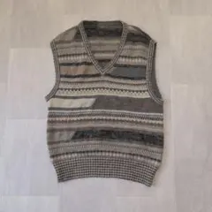 レトロ　ベスト　ニット　 セーター　Vネック　グレー　ストライプ 　昭和