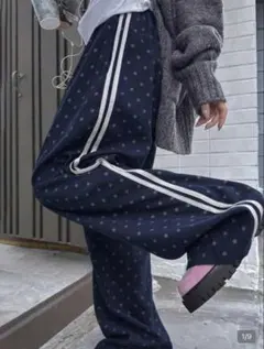 SHEINドット柄 サイドライン ワイドパンツ