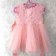 美品サーモンピンクの花刺繍チュールドレス　80センチ