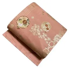 ユ107名古屋帯 唐織　金糸　花　正絹 着物帯　仕立て上り　美品