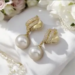 パールとストーンドロップイヤリング　痛くならない　結婚式　フォーマル　ビジネス