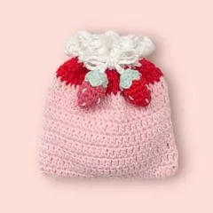 いちご　プリン　巾着　苺ソース　ホイップ　かぎ編み　ポーチ