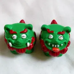 シーサー　置物　ミニチュア　2個セット　沖縄　守り神　魔除け　グリーン　緑　獅子