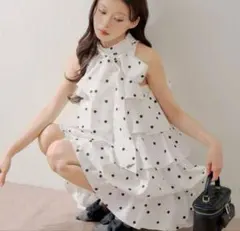 完売品 CHICO 2wayリボンティアードミニワンピース S ドット ホワイト