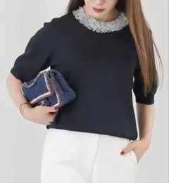 襟フリンジデザイン 半袖ニット ネイビーのサムネイル