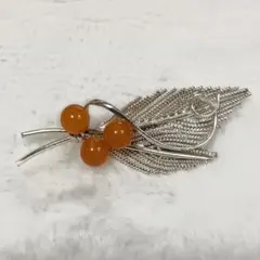 シルバー リーフモチーフ ブローチ オレンジ