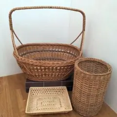 籐製オーバル型バスケット 大　持ち手付き　籐籠まとめ売り　レトロ