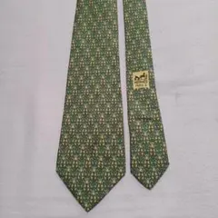 HERMES フランス製高級ブランド シルクネクタイ グリーン 植物モチーフ