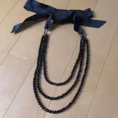ブラック系 ビーズネックレス リボン