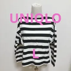 UNIQLO【L】ボーダークロップドモックネックＴ♡長袖♡白黒♡レディース