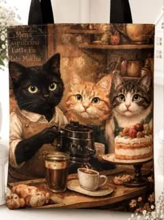 ク*ろ様 猫バッグ　仲良し猫　コーヒー屋さん③ 丈夫な新品トートバッグ　オリジナのサムネイル