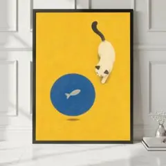 【シュールな猫】影の魚を見つめる白猫 ポスターA4