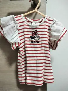 futafuta　ミニーマウス　刺繍赤白ストライプTシャツ　80cm