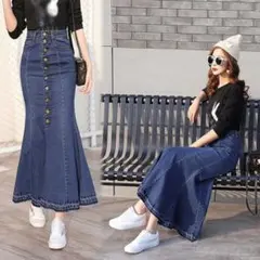 デニムスカート ロング 大きいサイズ フロントボタン マーメイドスカート レディ