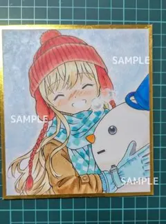 No.130 手描きイラスト【色紙】「雪遊び②」女の子 雪 帽子 手袋 冬