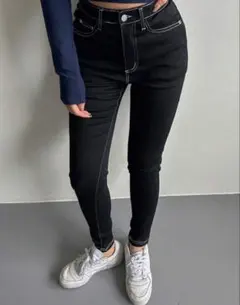 DAZY カラーブロック デニムパンツ ウィメンズ スリムフィット 黒