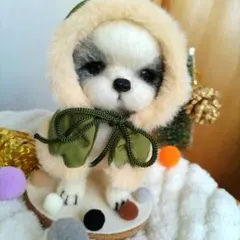 ♫モッズコートの冬シーズー 羊毛フェルト 台座付き　プッチベア♫