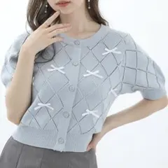 INGNI 透かしリボン半袖ニットカーディガン ブルー