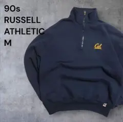 90s RUSSELL ATHLETIC Cal刺繍ハーフジップ M ネイビー