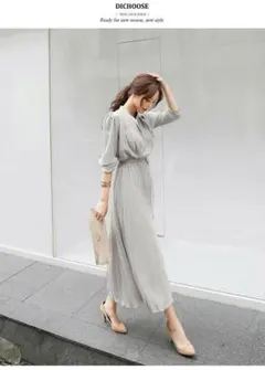 グレー シャツワンピース 長袖 プリーツ