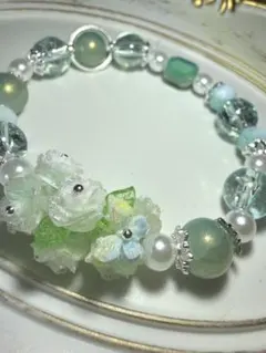 ブレスレット ミントグリーン 薔薇 パール ゴム紐仕様